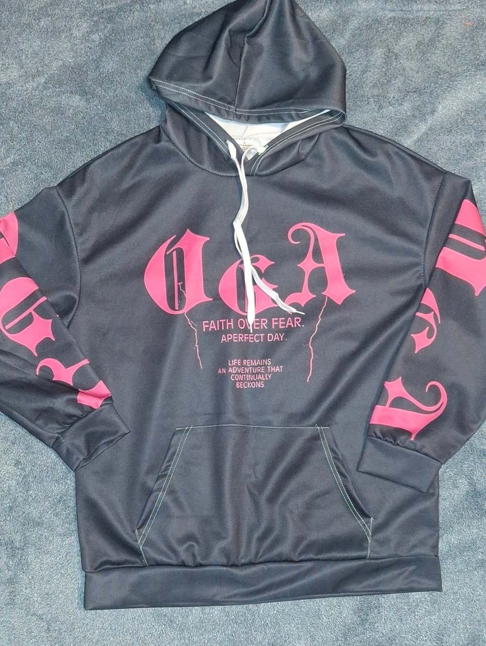 SHEIN Black Hoodie Sweatshirt with Pink Graphic Print